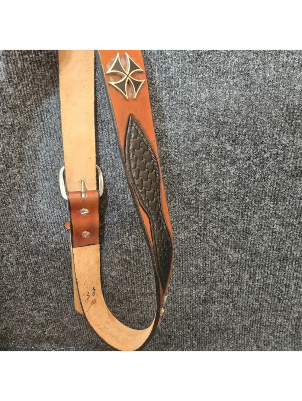 Vintage Iron Cross Leather Belt 38 Basketweave Brown Biker Y2K Chopper Maltese
